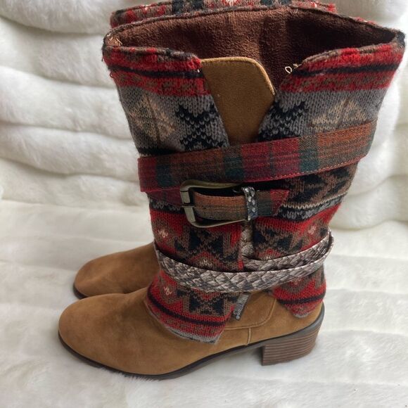 Muk Luks Shoes - Mukluks Cowboy Chic Brown faux suede multi color sweater belted boots SZ9